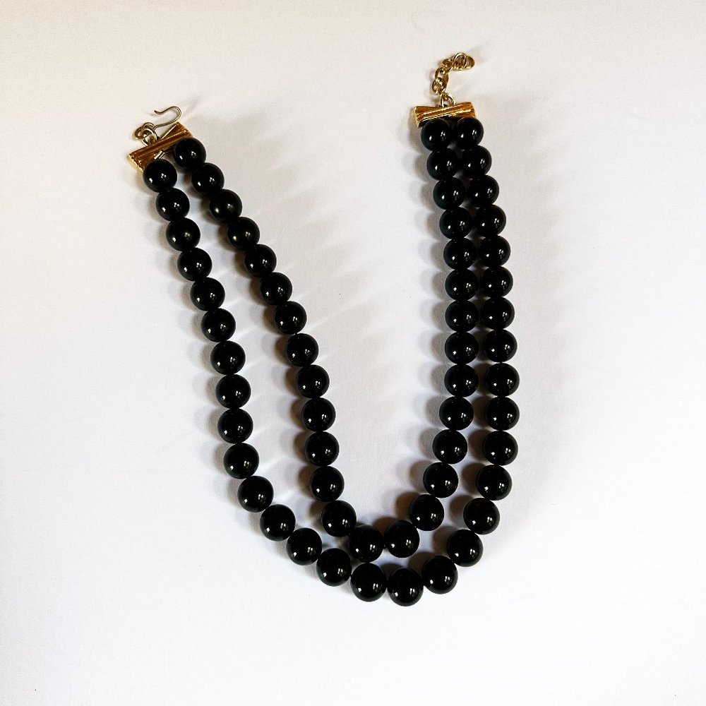 Vintage Signed Monet Double Strand Black Onyx Necklace
